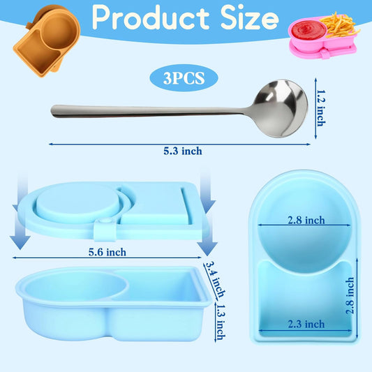 3 Pcs Silicone Snack Containers with Lids, Double Compartment Reusable Snack Containers with Lids and Spoons, Silicone Snack Container Small Mini Food Snack Boxes for Seasoning Salad Sauce