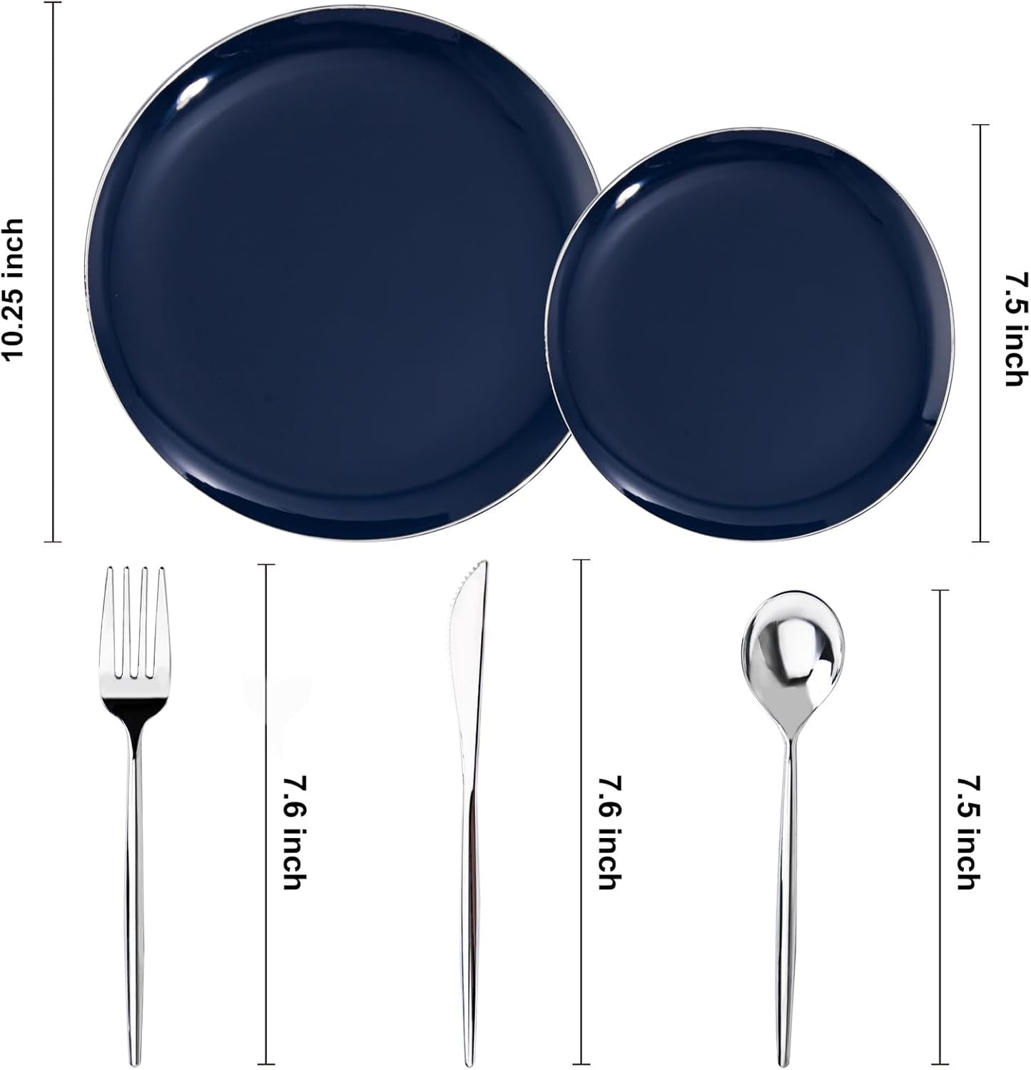 I00000 150Pcs Blue Plastic Plates,Heavy Duty Navy Blue Disposable Plates with Disposable Silverware include 30Pcs10.25' Dinner Plates,30Pcs 10.25' Dessert Plates, 90 Silver Silverware Set for Party