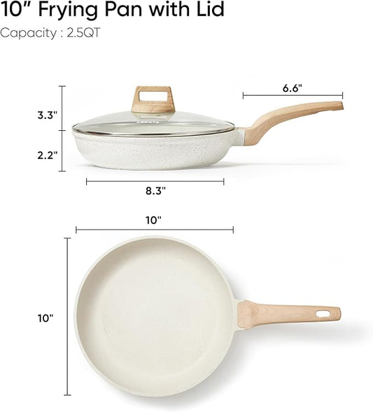 CAROTE Non Stick Frying Pan Skillet,10" Nonstick Fry Pan with Glass Lid, Egg Pan Omelet Pans, Granite Cookware PFOA Free White Granite, 10-Inch