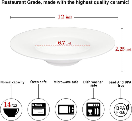 Ceramic Wide Rimmed Soup Plate, Soup Bowl 14 oz, Pasta Bowl Set of 4, White Shallow Bowl Plate with Rim, Best choice for high-end restaurants, hotels, and foodies, 12 Inch