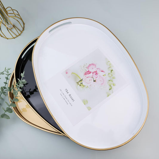 White Oval Decorative Tray with Handles, Versatile Serving Tray for Coffee Table, Ottoman, Ideal for Serving, Displaying, Organizing
