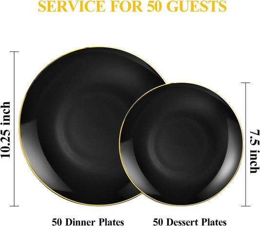 100PCS Black Plastic Plates with Gold Rim, Black Gold Disposable Plates for Party, Graduation and Wedding, Include 50 Dinner Plates, 50 Dessert Plates for 50 Guests