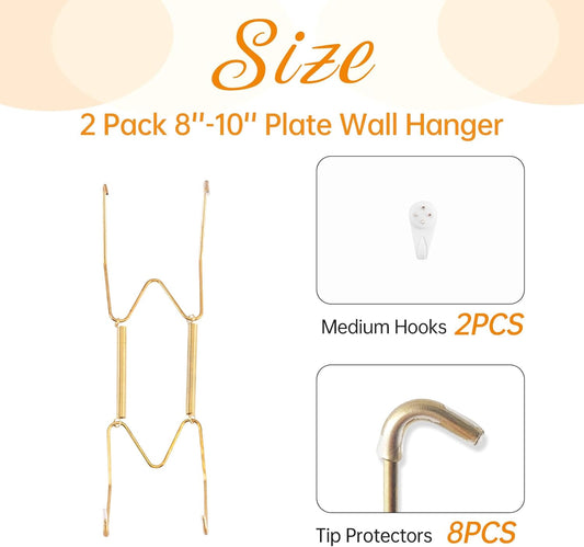 2 Pack Plate Hangers for The Wall, Suitable for 8-10 inch Art Plate, Stainless Steel Invisible Heavy Duty Wire Plate Holder with Wall Hooks, Plate Hangers for Displaying Plates, Platter, Dish, Gold