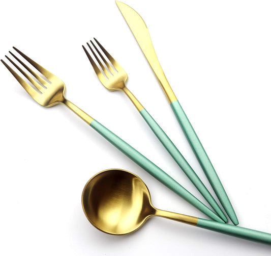 Gugrida Green Gold Flatware, Royal 20 Pieces Matte White Handle 18/10 Stainless Steel Tableware Sets for 4 Including Forks Spoons Knives, Camping Silverware Travel Utensils Set Cutlery (Green Gold)