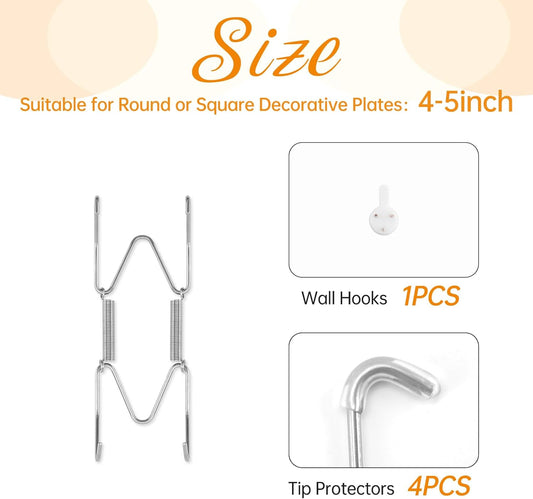 Plate Hangers for The Wall, Suitable for 4-5 inch Decorative Plate, Stainless Steel Wire Plate Holder with Wall Hooks and Rubber tip Protectors, Plate Hangers for Displaying Plates, Platter, Silver