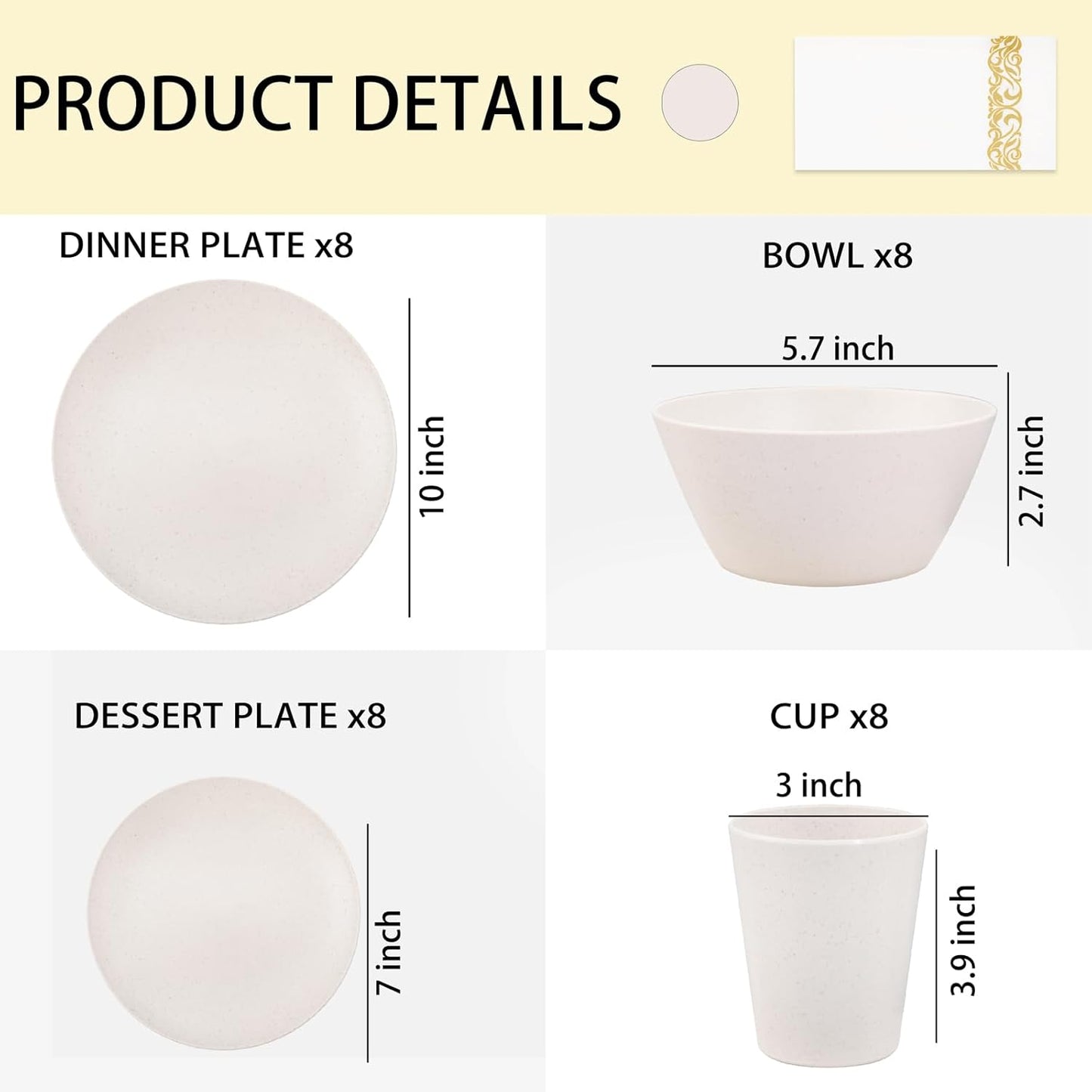 Supernal 32pcs Wheat Straw Dinnerware Sets Cream Color,Plates and Bowls Sets,Beige Plastic Dinnerware Sets, Dish Set for 8 with 25pcs Gold Napkins, Dishwasher Safe Plates