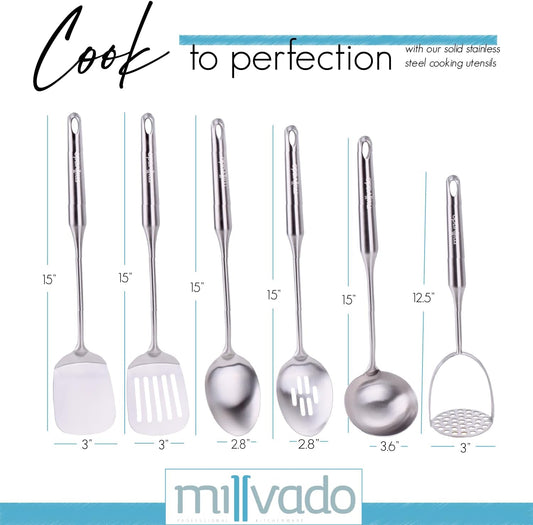 Stainless Steel Kitchen Utensil Set, Cooking Utensils, Set of 6 Kitchen Tools, Solid Spoon, Slotted Spoon, Solid Turner, Slotted Turner, Soup Ladle, Potato Masher, Dishwasher Safe