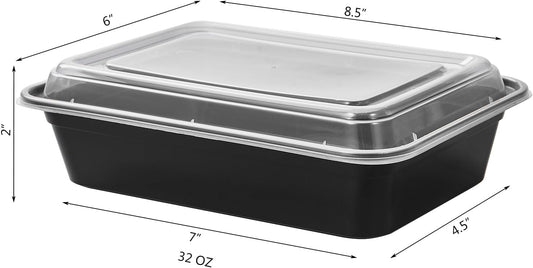 32 oz 50Pack Plastic Meal Prep Food Storage Containers with Lids Reusable 1 Compartment To Go Lunch Box Black Extra Large &Thick Microwave Freezer Safe BPA Free Stackable (Formerly FULING)