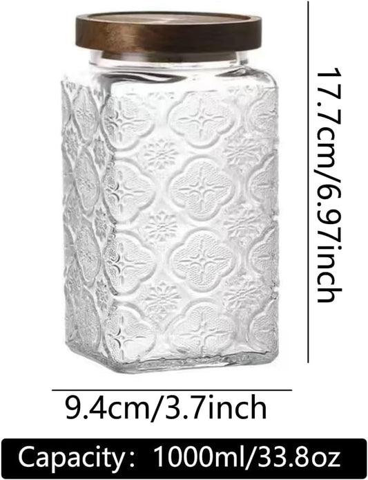 ANSQU Vintage Glass Storage Jar, Glass Canister Storage Jar Container with Airtight Wooden Lid for Kitchen Counter, Pantry, Coffee, Tea, Sugar, Cookie Jars (Square-Begonia)