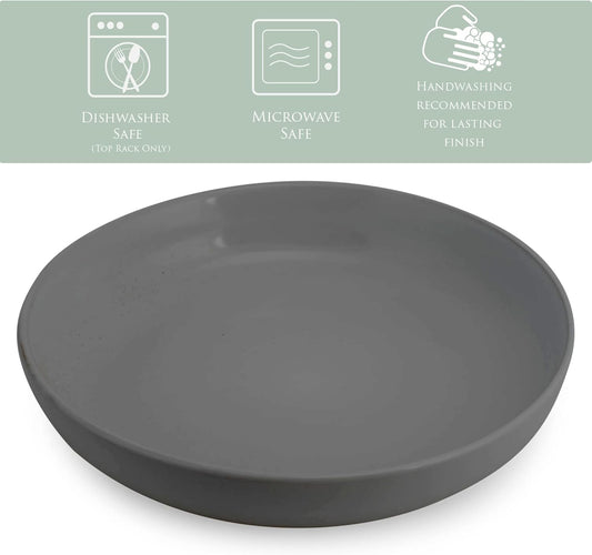 Elanze Designs Bistro Glossy Ceramic 8.5 inch Shallow Pasta Dinner Bowls Set of 4 - Perfect for Everyday uses from Italian Style Pasta to Caesar Salad, and Ramen to Pho, Charcoal Grey