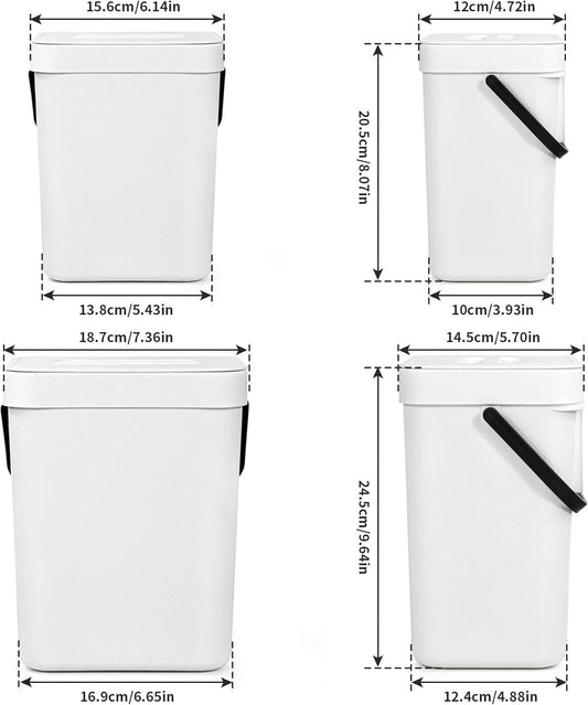 Domiella 2 Pack Hanging Small Trash Can with Lid (1.3 + 0.8 Gal), Kitchen Compost Bin for Countertop or Under Sink, Mountable Food Waste Bin for Cabinet, Bathroom, or RV Use (White)