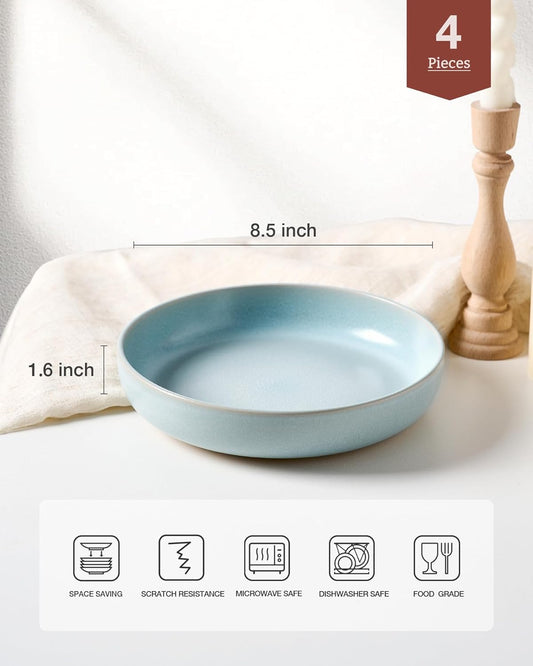 famiware Milkyway Pasta Bowls Set of 4, 8.5" Large Salad Bowls, Double Reactive Glaze, Sturdy & Stackable, Ideal for Housewarming, Festivals, Light Blue