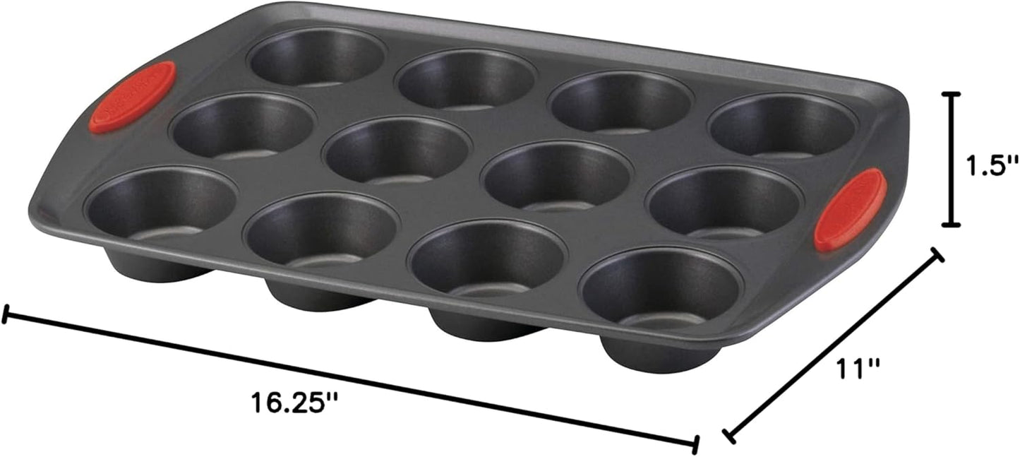 Rachael Ray Yum-o! Nonstick Bakeware 12-Cup Muffin & Cupcake Tin With Grips - Gray with Red Grips