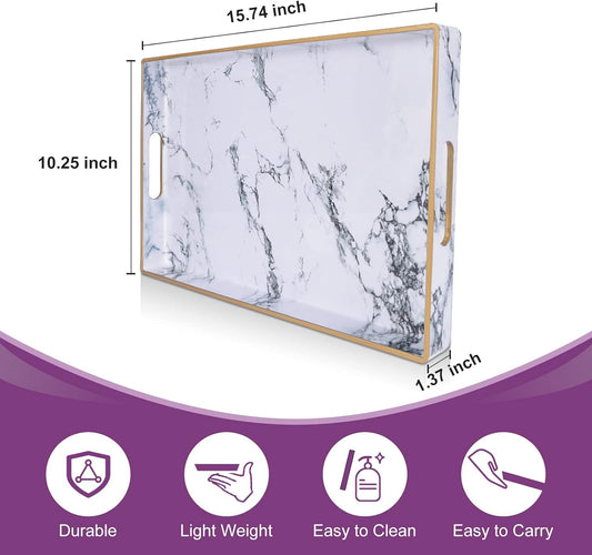 Gifturbo White Serving Tray, Marble Serving Trays with Handles,Rectangular Coffee Table Ottoman Tray Decorative Plastic Tray with Gold Rim for Living Room, Bathroom,Decor,15.7 x 10.2 x1.37 inches