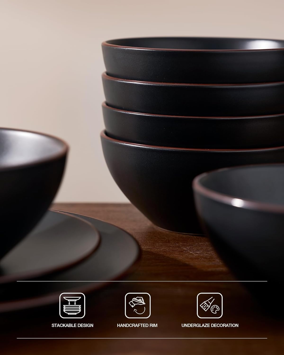 Famiware Venus Ceramic Plates and Bowls Sets, Dinnerware Dish Sets for 8 (24 Pieces) - Microwave and Dishwasher Safe, Matte Black