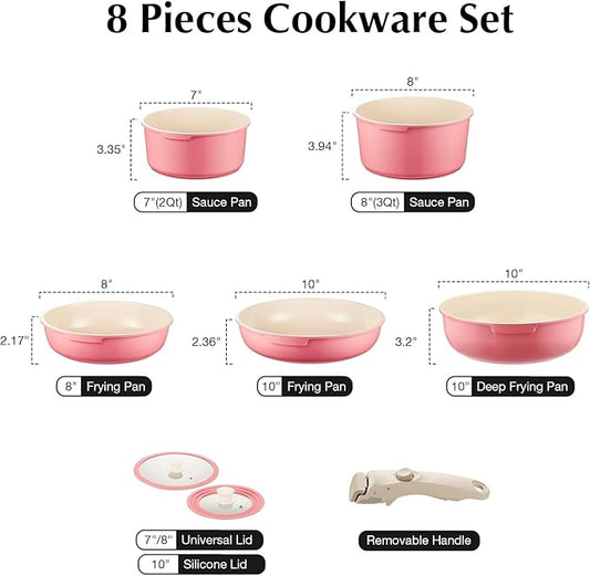 IKTU Ceramic Pots and Pans Set Non Stick Pink, 19 Pcs Nonstick Cookware Set with Detachable Handle RV Camping Induction Kitchen Cookware Set Non Stick, PFAS PFOA & PTFE Free