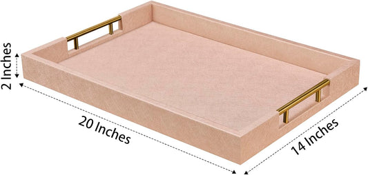 14x20 Inches Champagne Faux Leather Wrapped Wood Serving Tray with Metal Handles for Various Occasions, Ottoman, Home Decorative, Living Room, Coffee Table Organizer, Serving Breakfast On Bed