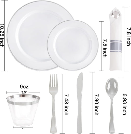 SUT 175 Pcs Silver Plastic Dinnerware Set for 25 Guests, Include: 25 Dinner Plates, 25 Dessert Plates, 25 Pre Rolled Napkins With Silver Silverware, 25 Cups, Disposable Plates for Wedding, Party