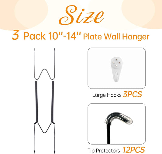 Bilillo 3 Pack Plate Hangers for The Wall, Suitable for 10''-14'' Decorative Plate,Invisible Heavy Duty Wire Plate Holder with Wall Hooks, Plate Hangers for Displaying Plates, Platter, Dish (Black)