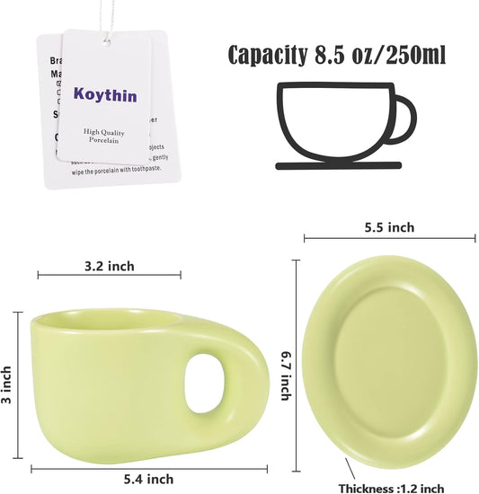 Koythin Ceramic Coffee Chubby Mug Saucer Set, Creative Cute Fat Handle Cup with Saucer for Office and Home, Dishwasher and Microwave Safe, 10 oz for Latte Tea Milk (Green)