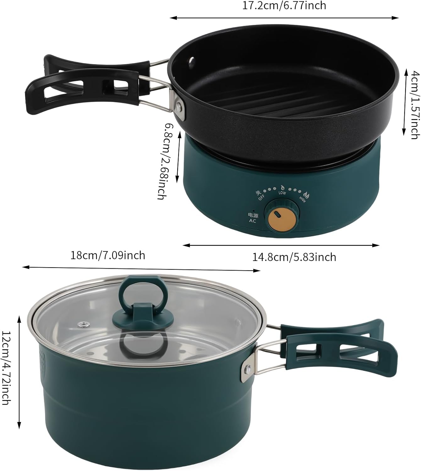 500W 0.42 Gal Portable Electric Hot Pot with Foldable Handles, Multi-function Non-stick Mini Cooker for Ramen Soup Pasta Steak, Power Adjustment & 110V Personal Travel Hot Pot Cooker (Green)