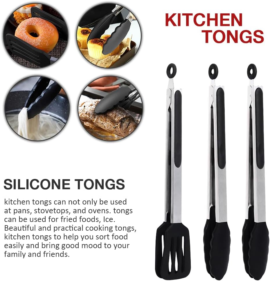 12 Inch Kitchen Tongs Set of 3, Silicone Tongs with Silicone Tips and Stainless Steel Handle, Tongs for Cooking, Baking, Grilling