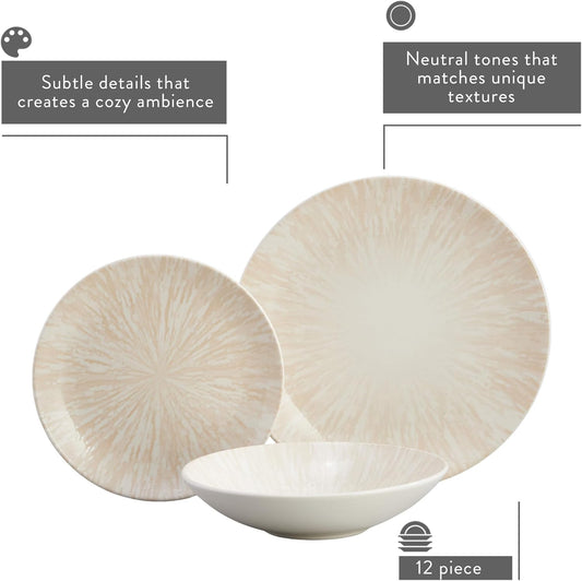 Corona 12-Piece Light Sandy Beige Ceramic Dinnerware Sets, Plates and Bowls, Service For 4, Nyssa
