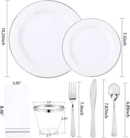 SUT 350 Piece Silver and White Plastic Dinnerware Set for 50 Guests, Disposable Plastic Plates, Include: 50 Dinner Plates, 50 Dessert Plates, 50 Pre Rolled Napkins with Silver Silverware, 50 Cups