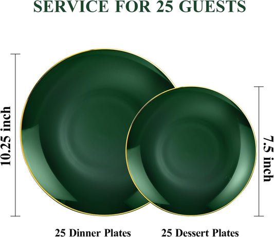 50PCS Green Gold Plastic Plates, Green Disposable Plates for Party, Wedding, Include 25 Dinner Plates, 25 Dessert Plates for 25 Guests