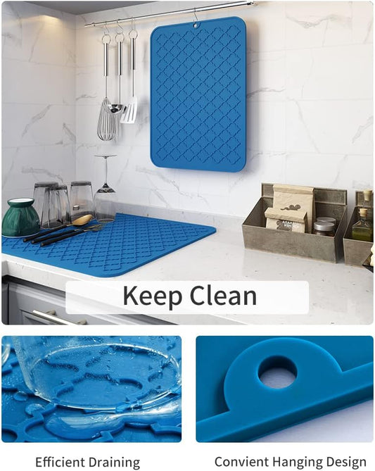 AMOAMI Dish Drying Mat,Heat-resistant,Easy Clean,Silicone Dish Drying Mats for kitchen Counter,Kitchen Gadgets Kitchen Accessories Kitchen Small Appliances (12" x 16", BLUE)