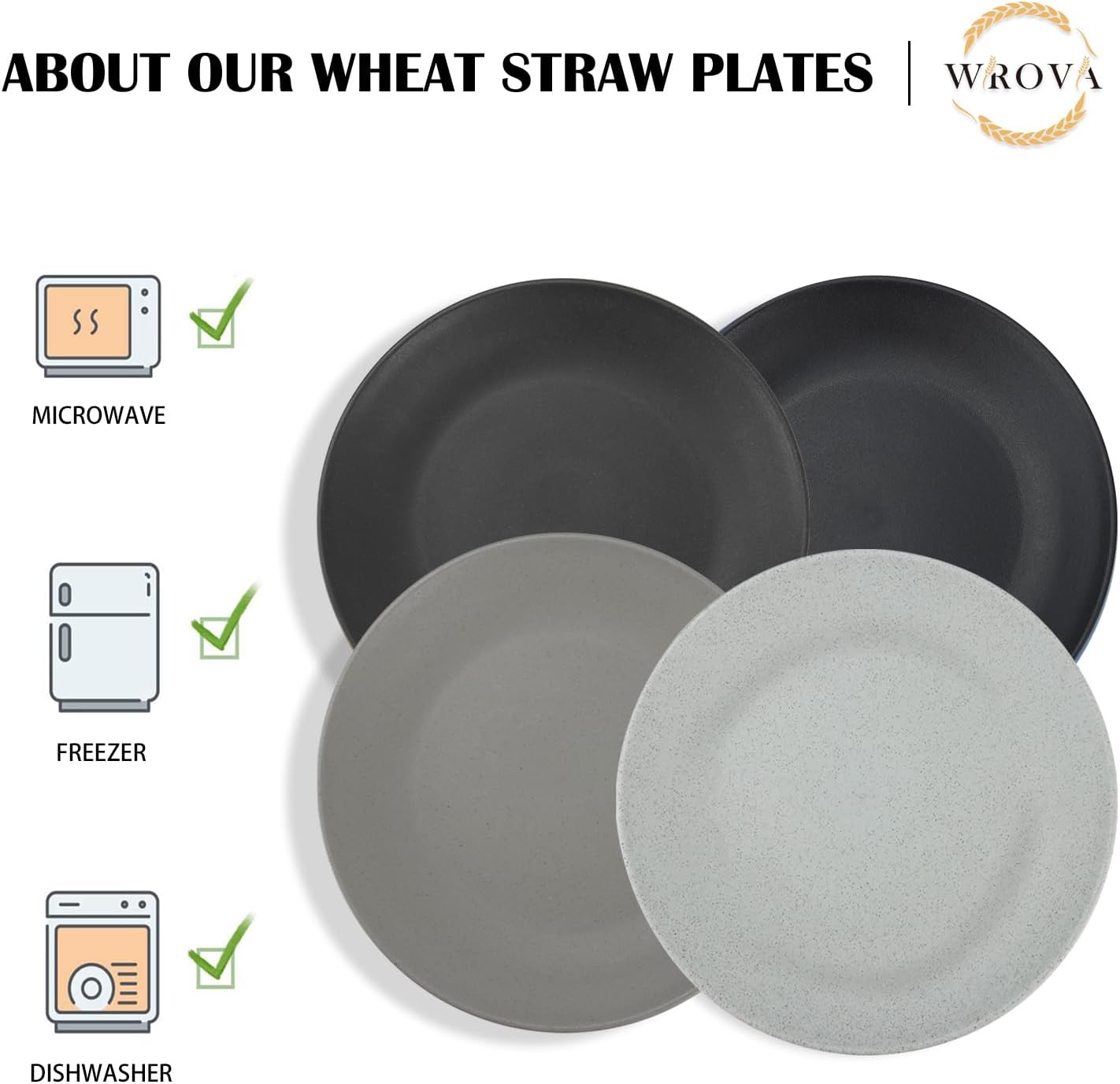 Wrova Wheat Straw Dinner Plates 10 Inch Unbreakable Set of 8 - Dishwasher & Microwave Safe Plastic Plates Reusable - Lightweight Plates for kitchen,camping,salad - Black to Grey