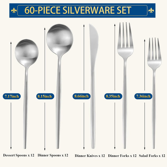 Silverware Set for 12, 60 Piece Flatware Set, Cutlery Tableware set Include Spoons And Forks Set, Stainless Steel Utensil Set, Matte polished Finish, Dishwasher Safe