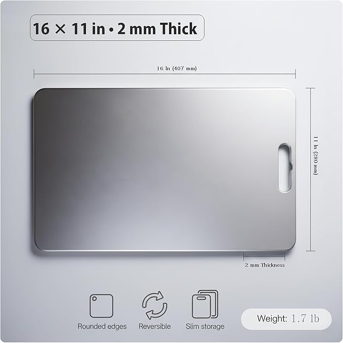 Titanium Cutting Boards For Kitchen, 2 mm Thick, 16 x 11 in 100% Pure Titanium Cutting Board, Stays Flat & Stable, Quieter, Less Vibration, Dishwasher Safe, Reversible, for Meat, Fish & Veg, BBQ Prep.