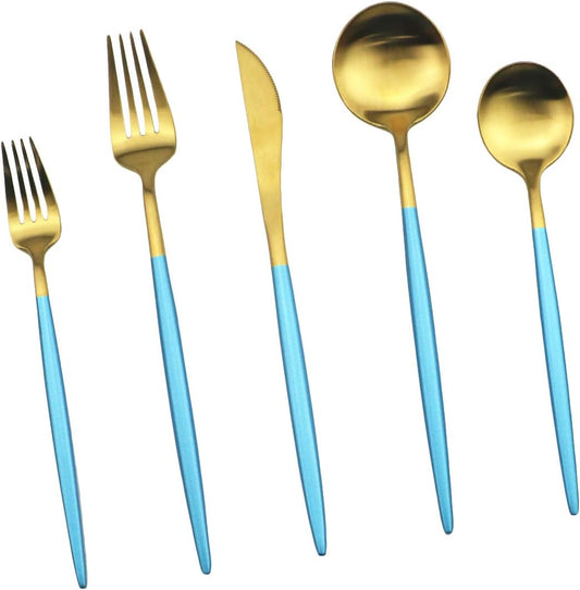 JASHII Silverware Sets, 5-Piece Flatware 18/10 Stainless Steel Heavy Weight Forged Cutlery Eating Utensils Forks Spoons Knives Set Tableware Service for 1 Matte Finished (Blue & Gold)