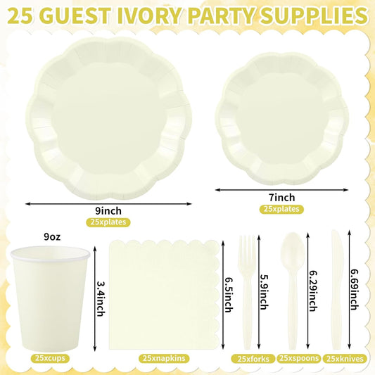 175 Pcs Thanksgiving Ivory Plates and Napkins Set, 25 Guest Cream Party Supplies Include Beige Scalloped Plate Paper Napkin Cup Fork Knives Disposable Plastic Cutlery for Wedding Baby Shower