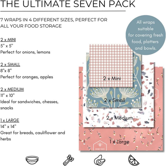Reusable Beeswax Wraps for Food | 7 Pack | Eco Friendly, Organic, Biodegradable, Plastic Free, Bee's Wrap Bowl Covers and Food Storage | Cling Wrap Alternative