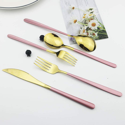 JASHII 20-Piece SUS304 Stainless Steel Flatware Set, Mirror Polishing Dinnerware Set Service for 4, Knife/Fork/Spoon/Dessert Spoon/Dessert Fork (Pink gold)