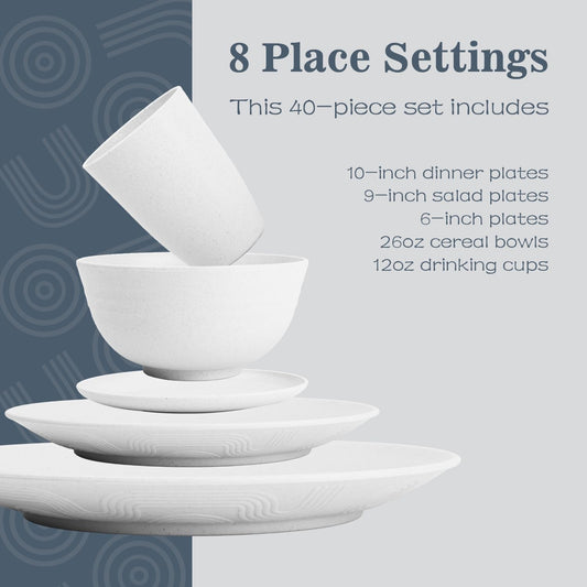 Wheat Straw Dinnerware Sets - 40 PCS Unbreakable Plates and Bowls Sets Service for 8 Kitchen Dishes Set, Dinner Plates, Cereal Bowls, Cups Set Camping Dish Dishwasher & Microwave Safe - White