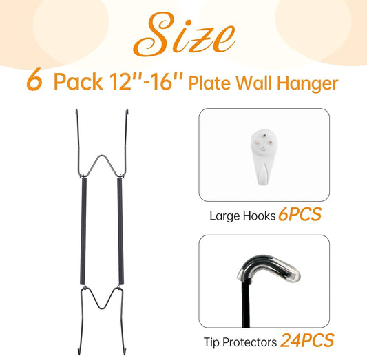 Bilillo 6 Pack Plate Hangers for The Wall, Suitable for 12''-16'' Decorative Plate,Invisible Heavy Duty Wire Plate Holder with Wall Hooks, Plate Hangers for Displaying Plates, Platter, Dish (Black)