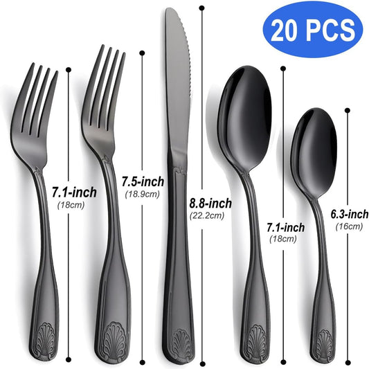 20-Piece Matte Black Flatware Set for 4, 18/0 Stainless Steel Cutlery Set with Shell Design, Dishwasher-Safe Silverware for Dinner Party, Holiday & Daily Use