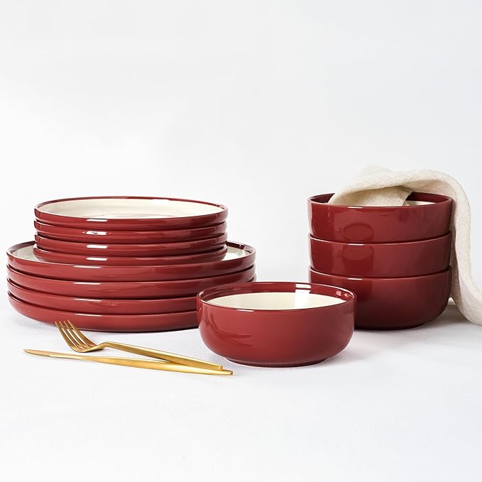 Famiware Lake MacDonnell Plates and Bowls Set for 4, 12 Pieces Dinnerware Sets, Handcrafted, Stoneware Dishes Set, Red and Beige