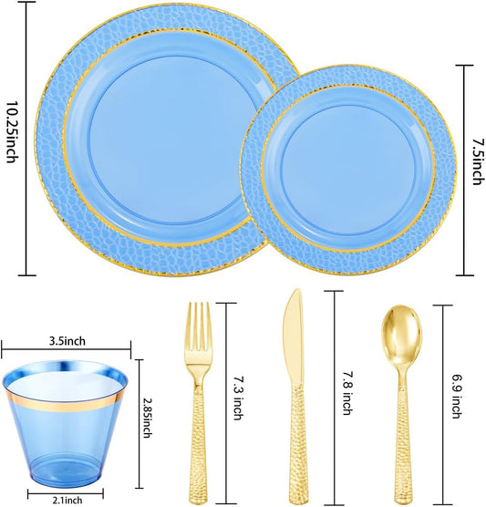 Nervure 150PCS Clear Blue Plastic Plates - Gold Party Plates - Blue and Gold Dinnerware Set Include: 50 Disposable Plate, 25Cups, 25Forks, 25Knives, 25Spoons for Wedding & Party & Father's Day