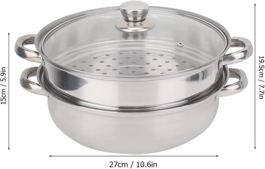 2 Layer Steamer,Stainless Steel Cookware 27cm 11in 2 Layer Steamer Pot Cooker Double Boiler Soup Steaming Pot for Steaming Buns Taro Seafood Etc