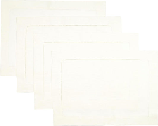 D'Moksha Homes Linen Placemats Set of 4 - Classic Hemstitch Ivory Placemats 14 x 19 Inch - 100% Pure Linen Table Mats for Fall, Autumn and Halloween - Handcrafted and Machine Washable