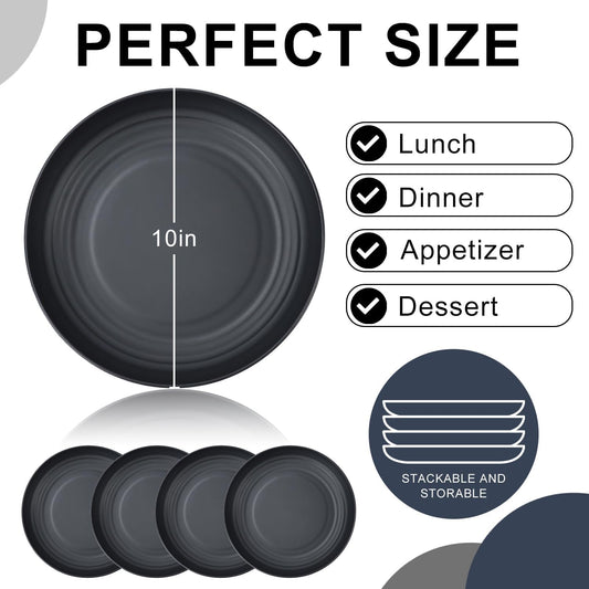 Wheat Straw Dinner Plates Set of 8, 10 Inch Black, Lightweight & Unbreakable, Microwave & Dishwasher Safe Kids Plates
