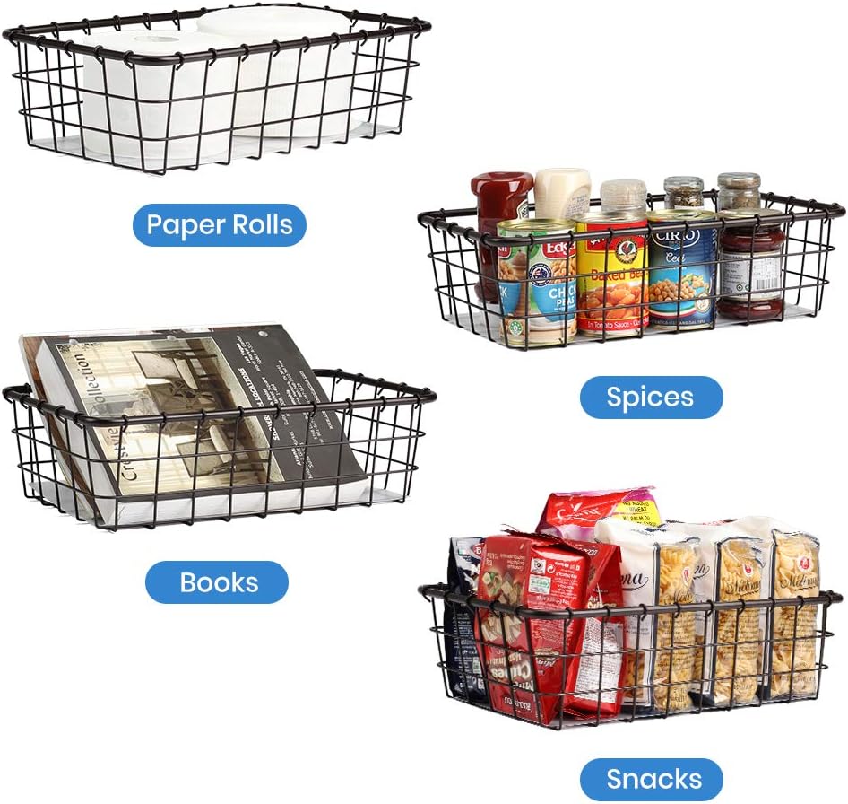 4 Pack Large Wire Baskets, 15" x 9" Metal Wire Basket for Pantry Organizers, Kitchen, Bathroom, Office, Stackable Storage Baskets, Bronze