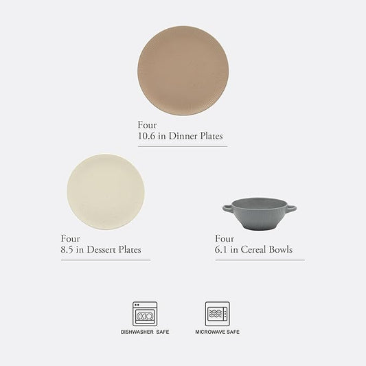 Gibson Elite Clover Hill 12-Piece Stoneware Dinnerware Set – Assorted Colors in Sage Green, Charcoal, Taupe & Cream – Embossed Reactive Glaze Plates & Bowls, Microwave & Dishwasher Safe, Service for 4