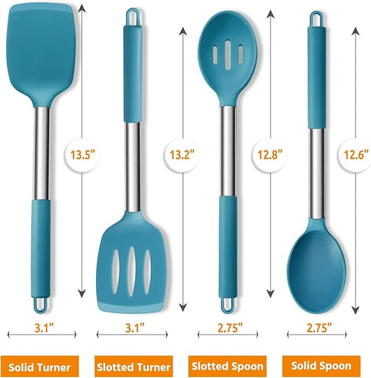 Cooking Utensils Set of 4, E-far Silicone Kitchen Utensils for Non-stick Cookware, Heat Resistant & Non-toxic Slotted Spatula Solid Spoon Turner for Flipping Mixing Serving Basting(Teal Blue)
