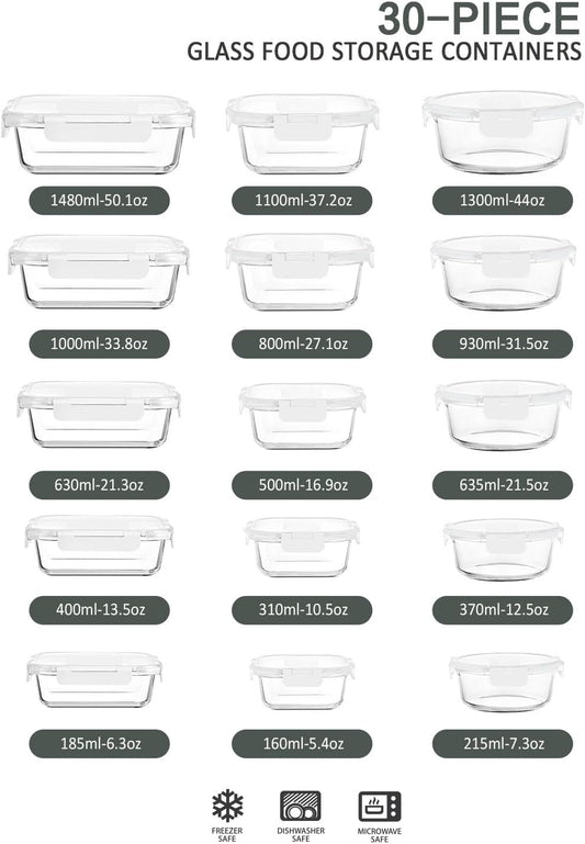 30 Pieces Glass Food Storage Containers with Upgraded Snap Locking Lids,Glass Meal Prep Containers Set - Airtight Lunch Containers, Microwave, Oven, Freezer and Dishwasher Friendly (White)