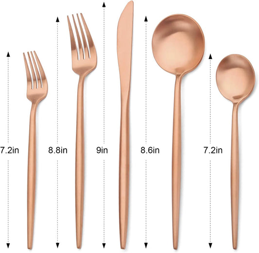 Matte Rose Gold Silverware Set, Stainless Steel Satin Finish Copper Flatware Cutlery Set for 4, 20-Piece Spoons and Forks Kitchen Utensil Set, Dishwasher Safe (Matte Rose Gold, 20 P)